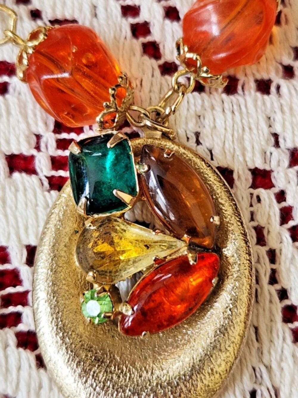 Vtg Statement Necklace Gold Tone Multi Chain & Colored Rhinestone Beaded Tassel - Picture 6 of 16